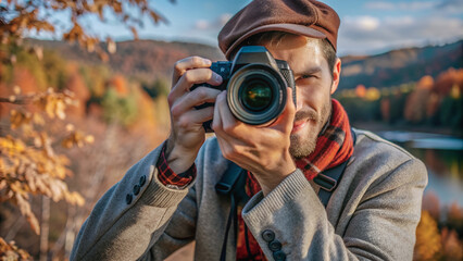 Fototapeta premium A photographer captures the golden hour light filtering through the autumn foliage.Focused on the scene, the photographer meticulously frames the vibrant fall colors.