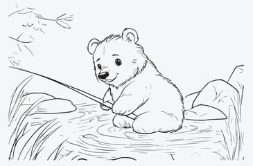 Adorable Bear Cub Fishing – Black and White Line Art for Kids' Coloring Books. Peaceful River Scene Perfect for Nature-Themed Projects. EPS, Transparent Background.