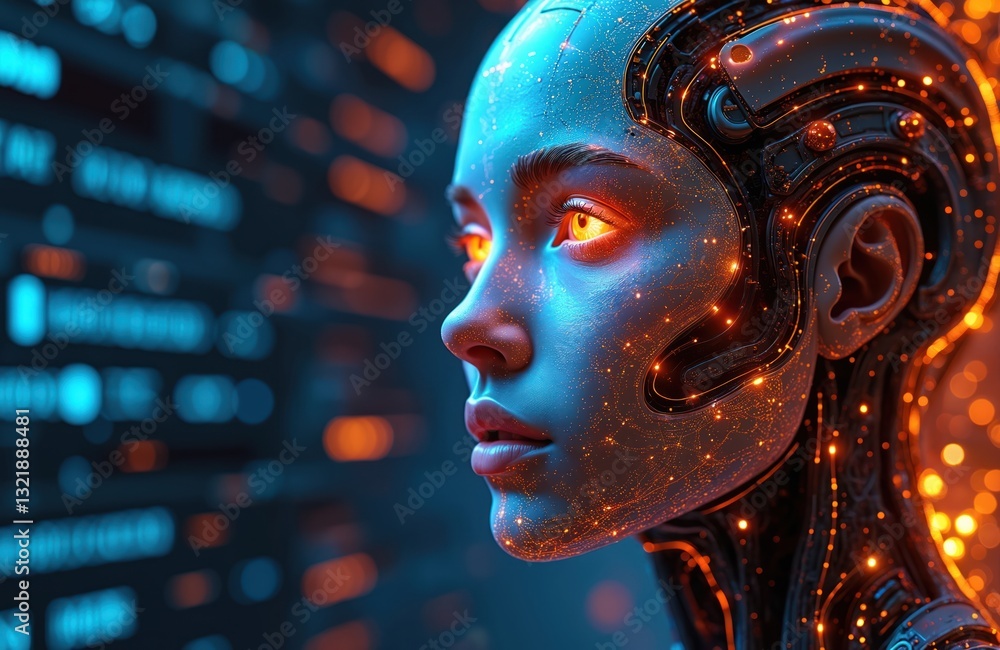 Poster side view of cybernetic woman with orange glowing eyes in digital environment. female ai, neural net