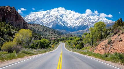 Fototapeta premium Scenic Mountain Road with Snow-Capped Peaks and Lush Greenery Under Bright Blue Sky