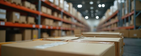 View of boxes on conveyer in warehouse, parcel ready for worldwide shipment. Retail, delivery service, logistics, e-commerce supply. Securely packaged, labeled for distribution, transported for