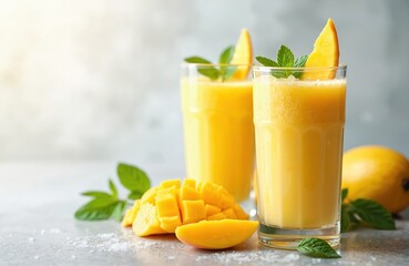 Fototapeta premium Mango lassi drink in glasses on gray table with copy space. Indian ayurvedic cold smoothie. Healthy shake made of yogurt, fruits. Freshness refreshment beverage with mango slice, mint leaves.