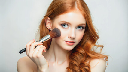 Obraz premium A woman applies blush with a makeup brush, highlighting her cheekbones.Close-up of a woman receiving a touch of blush. 