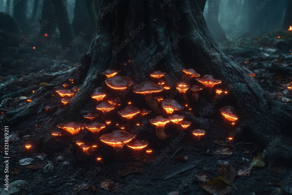 Poster glowing bioluminescent mushrooms cluster at the base of a dark forest tree, creating a magical, ench