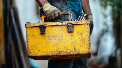 Worker carrying weathered yellow toolbox with tools.