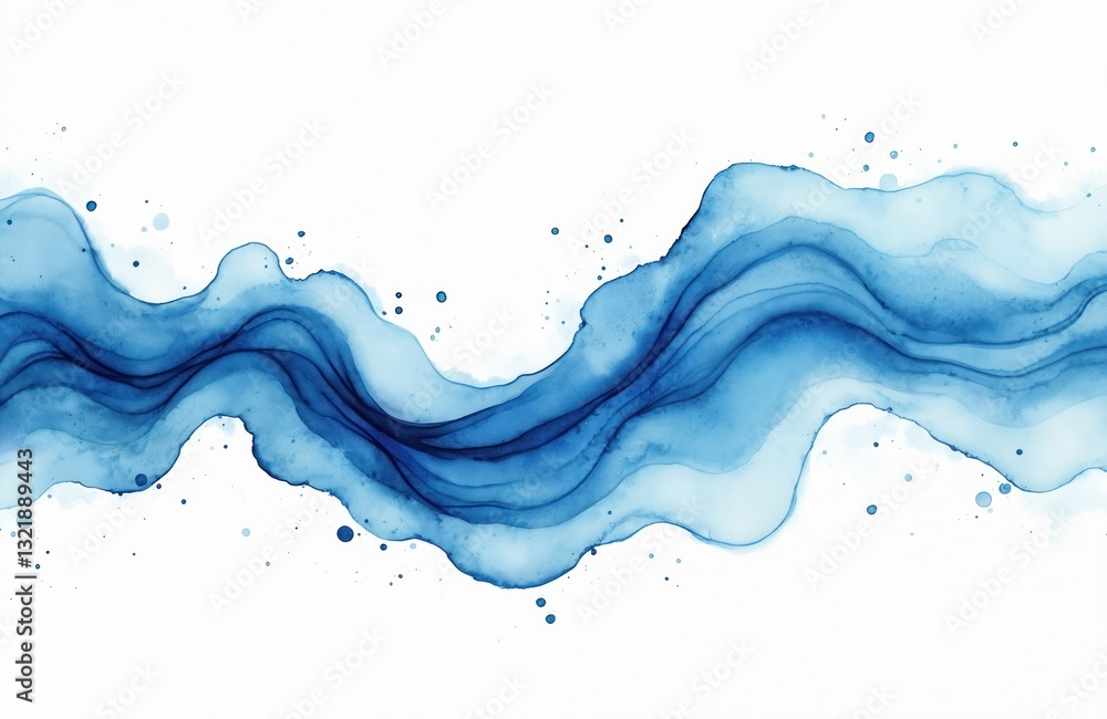 Poster watercolor blue ink swirl splash with bubbles isolated on white background. wave liquid flowing form