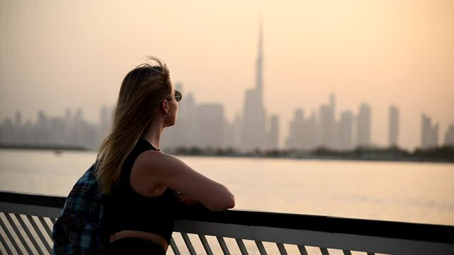 Breathtaking sunset at Dubai Creek Harbour with a stunning view of the downtown skyline