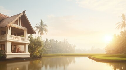 Obraz premium Tranquil morning at tropical resort home
