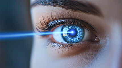 Woman eye with blue laser ray.