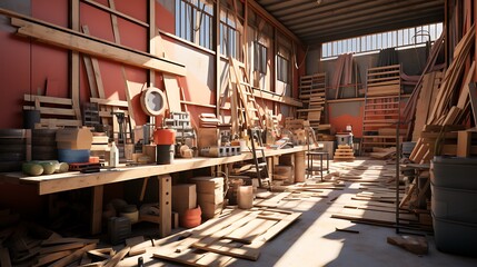 A Messy Carpenter's Workshop: Sunlit Chaos of Wood and Tools