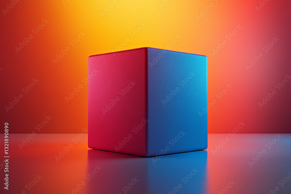 Poster A vibrant and abstract cube illuminated with colorful lights, showcasing a blend of blue and red hues against a gradient background.