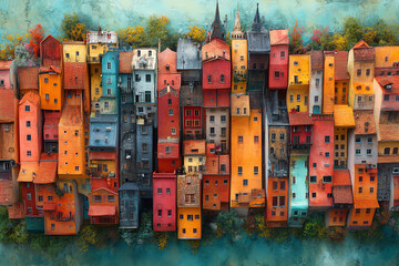 A vibrant aerial view of colorful buildings nestled together, showcasing unique architectural styles and charm in an urban landscape.