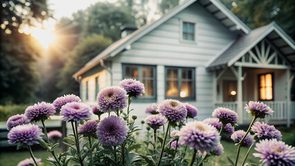 Soft lavender blooms frame a charming, light-filled cottage.Sunlight streams through the trees, illuminating a cluster of purple flowers in front of a quaint house.
