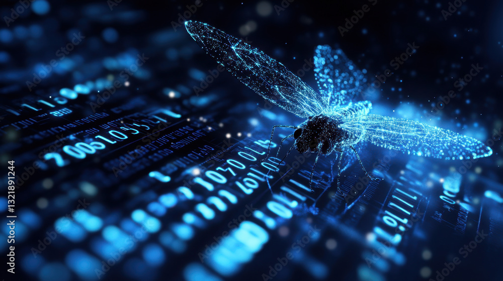 Poster a luminous insect is perched on a glowing digital backdrop that resembles binary code, creating a st