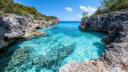 Fototapeta premium Bright turquoise water in a scenic rocky cove under a clear blue sky in a tropical paradise