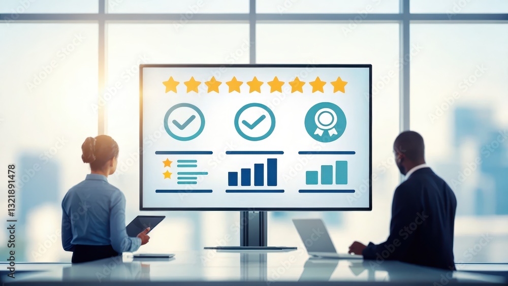 Aufkleber business report concept business professionals analyzing data and metrics on a large screen in an of