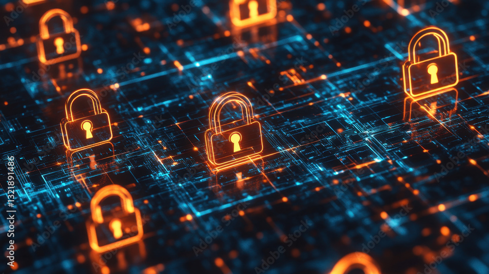 Poster in a digital landscape filled with glowing padlocks, interconnected lines and circuits illuminate th