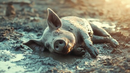 Obraz premium A contented pig laying in mud basking in the sunshine