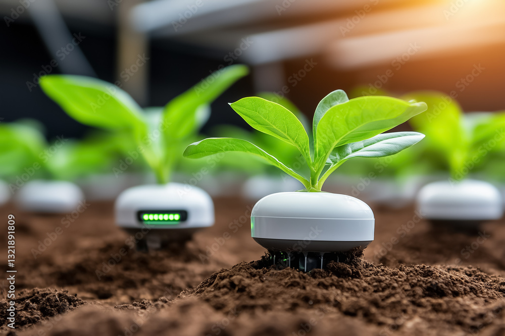Poster sensors are embedded in the soil, transmitting critical data to a central hub. surrounding young pla