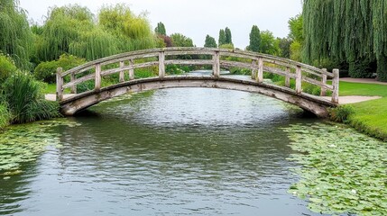 Wooden Footbridge Over Calm Water in a Lush Green Garden