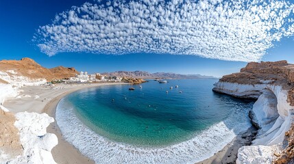 Fototapeta premium Serene Coastal Landscape with Crystal Clear Waters and Stunning Cloud Patterns Over a Beach Setting