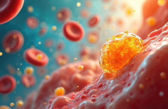 Molecular structure of lipoproteins transferring lipids. Transparent spheres with gradient background. Scientific illustration of cholesterol transfer. Perfect for cardiovascular research, molecular