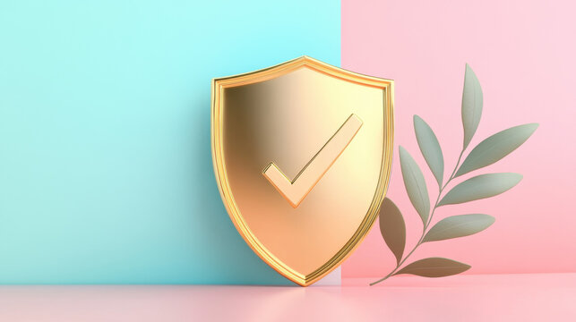 A golden shield featuring a prominent checkmark stands against a pastel blue and pink background. This design reflects themes of security, trust, and certification in contemporary aesthetics