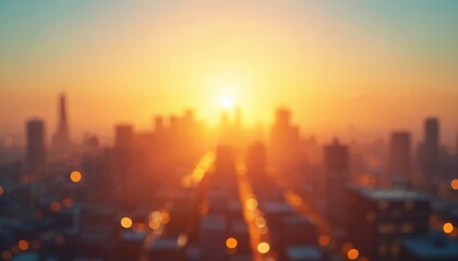 Blurred summer sunset sky view from city rooftop. Golden hour hot cityscape office building landscape, blurry urban warm lights skyline heatwave bokeh. Evening twilight. Modern travel. Tour tourism.