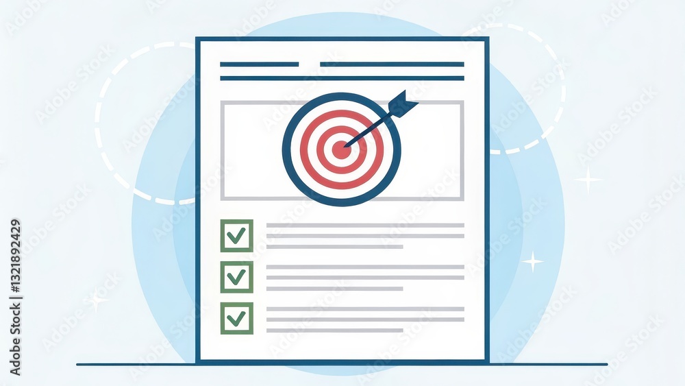 Poster business report concept targeting success with a checklist on a document illustration.