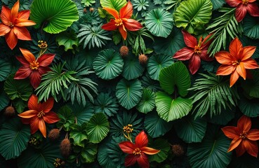 Naklejka premium Top view of rich green foliage with red flowers creates vibrant tropical garden wall, botanical pattern. Exotic leaves background organic, natural, abstract design. Nature illustration with fantasy