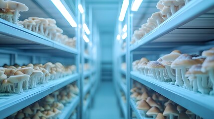 Cultivated Mushrooms Under Blue Lighting in a Modern Farming Facility