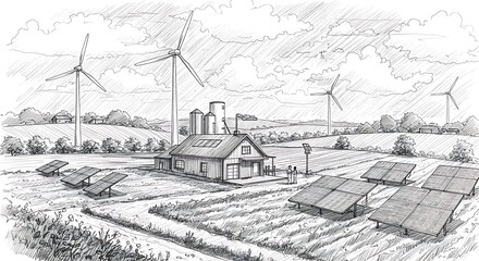 Fototapeta premium Photovoltaic panel and windmill for green energy generation. One continuous line art drawing. 