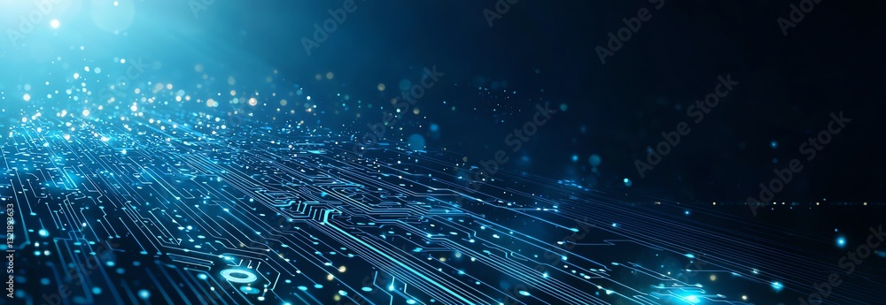 Poster a mesmerizing blue digital background featuring abstract lines and particles, representing the flow 
