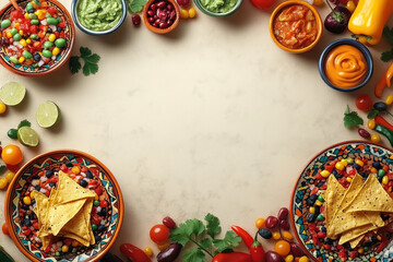 Fototapeta premium Festive Mexican food arrangement with nachos, salsa, guacamole, and colorful vegetables
