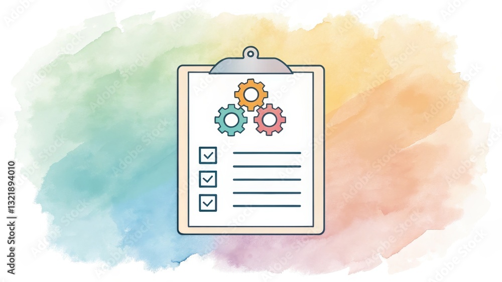 Poster business report concept checklist with gears on a colorful watercolor background for project managem
