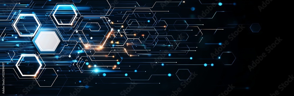 Poster a vibrant digital background featuring interconnected hexagons and glowing particles, ideal for tech