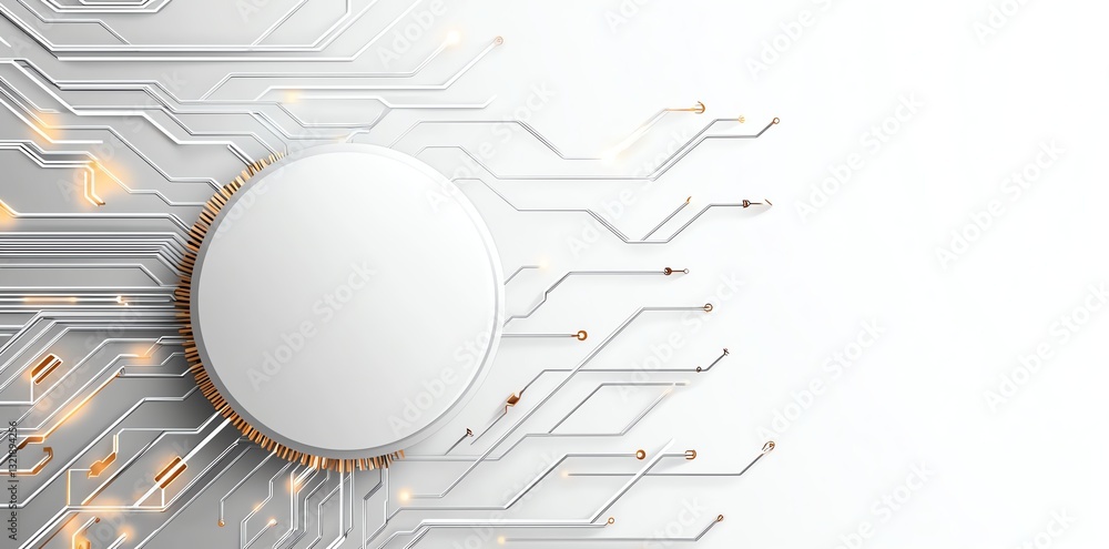 Poster a sleek, modern design showcasing a white circular object surrounded by intricate circuit patterns, 