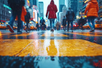 Fototapeta premium A vibrant city scene depicting people in raincoats crossing a wet street, showcasing urban life and the energy of a bustling metropolis.