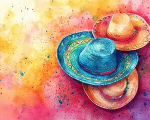 Colorful watercolor sombreros on vibrant splattered background