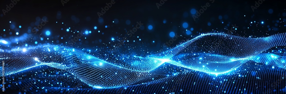 Poster a mesmerizing abstract background showcasing flowing blue waves adorned with sparkling dots, creatin