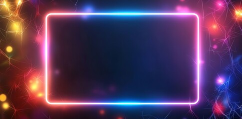 A vibrant, colorful background featuring neon lights and a glowing frame. Ideal for digital design projects, social media posts, and creative artwork. Perfect for various uses.