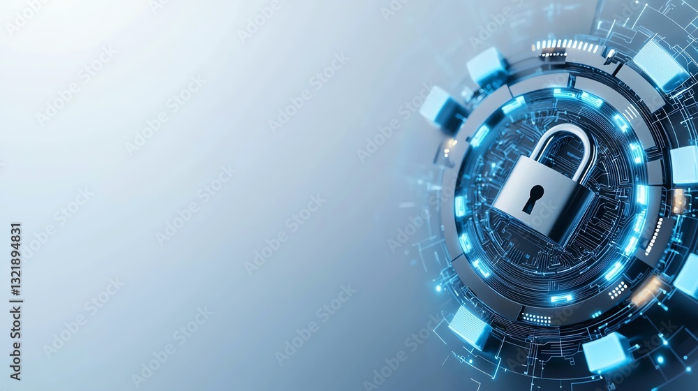 Poster a digital padlock representing cybersecurity. the backdrop features a futuristic, abstract design wi