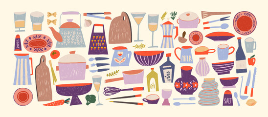 Collection of crayon drawn kitchen appliances and accessories with decorative patterns. Hand drawn vector decor for kitchen, cafes and restaurants. Multi colored sketch doodle utensils silhouettes.