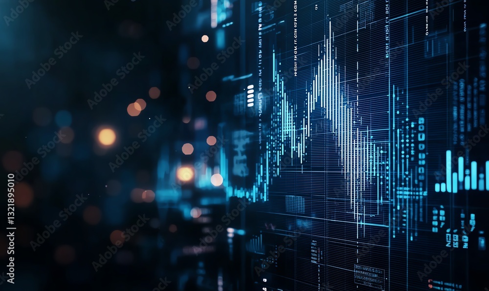 Poster a close-up view of a digital financial chart displaying intricate data patterns and glowing lines, r