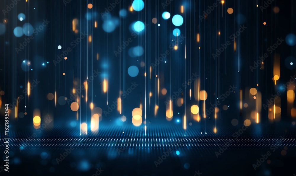 Poster an abstract background featuring vibrant blue and golden lights cascading in a rhythmic pattern, per