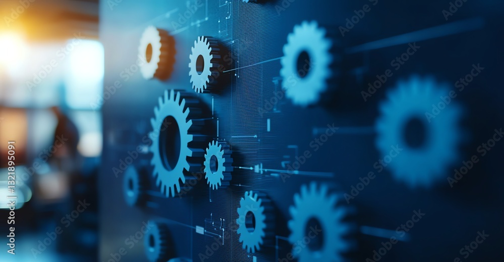 Poster an up-close view of intricate gears on a digital interface, illustrating the concept of advanced tec