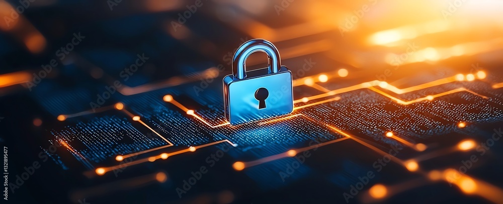 Poster a detailed view of a digital padlock situated on a circuit board background, symbolizing cybersecuri