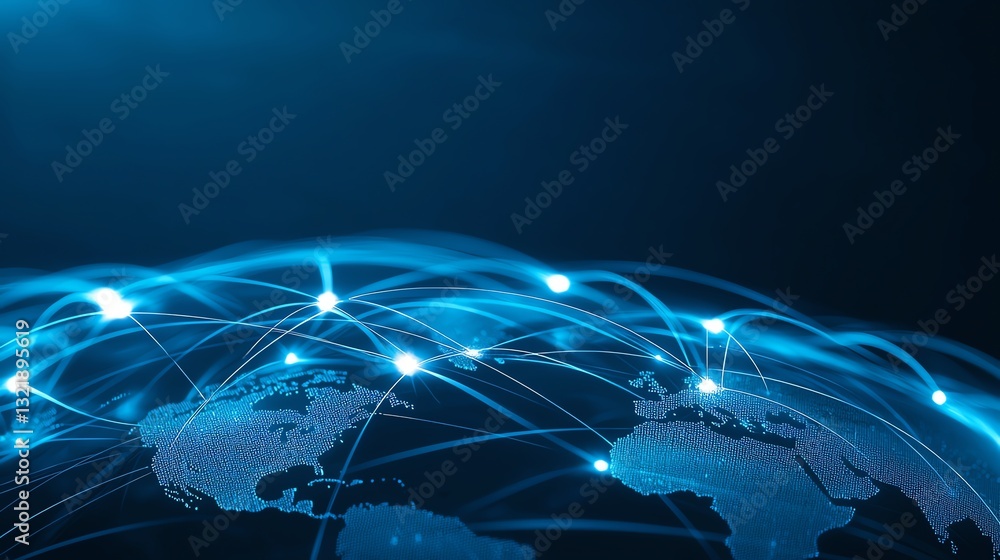 Poster a modern digital globe connected by luminous lines, illustrating global connectivity and data flow. 