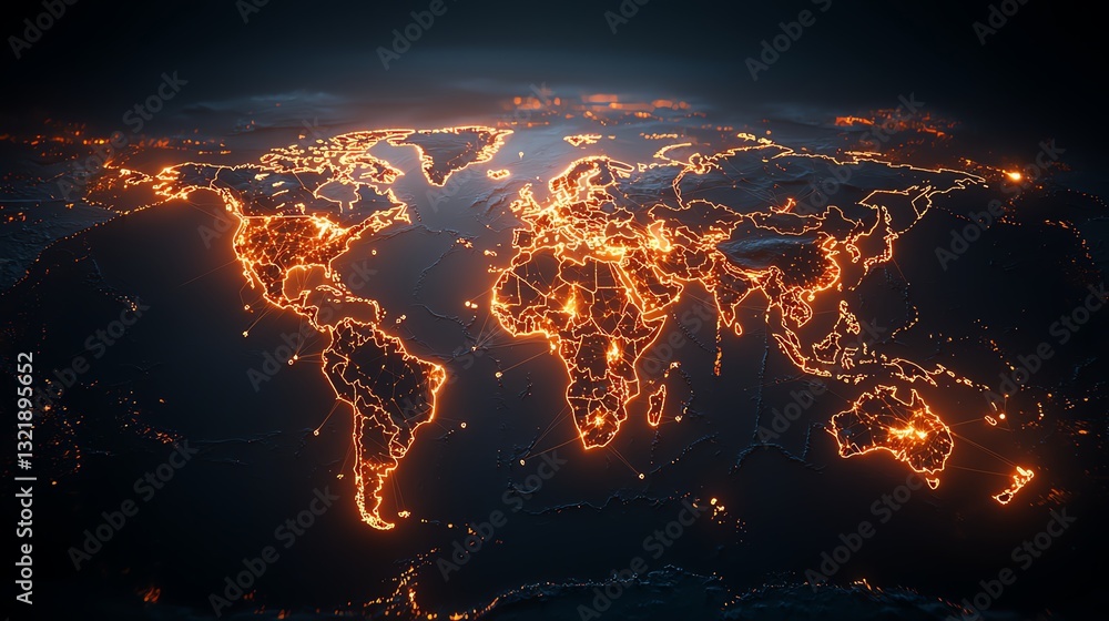 Poster an aerial view of a digitally rendered world map showcasing illuminated connectivity across continen