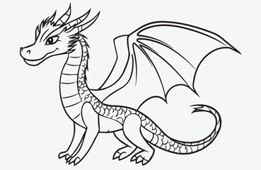 Outline of a Dragon with Wings and a Long Tail, Perfect for Fantasy and Mythical and Children’s Illustrations, a drawing of no color, children coloring books and illustrations, Vector EPS.